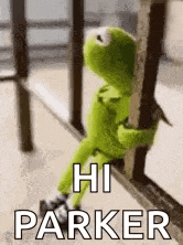 kermit the frog is sitting on a railing with the words `` hi parker '' written above him .
