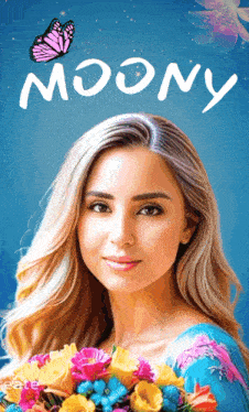 a woman holding a bouquet of flowers with the word moony on the bottom right