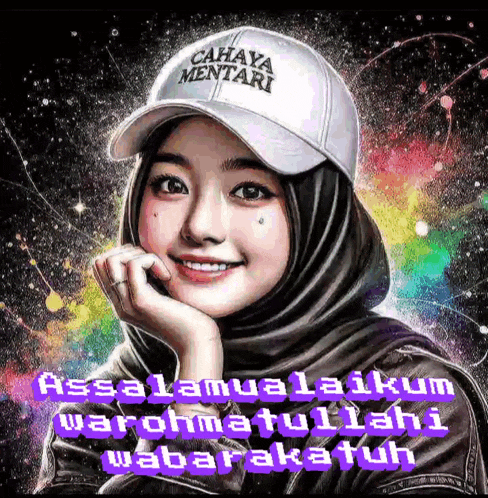 a woman wearing a hijab and a hat with the words cahaya mentari on it