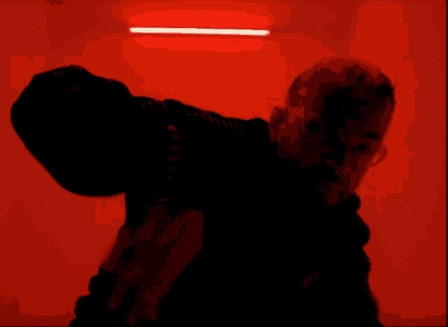 a man in a black jacket is standing in a red room