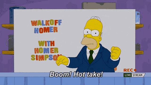 homer simpson is standing in front of a white board that says walkoff homer with homer simpson