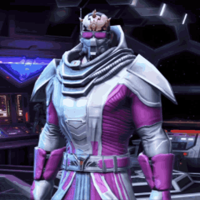 a man in a purple and white armored suit