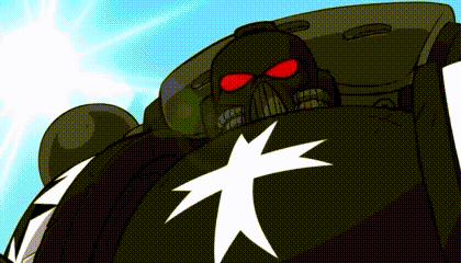a black robot with red eyes and a white star on its chest .