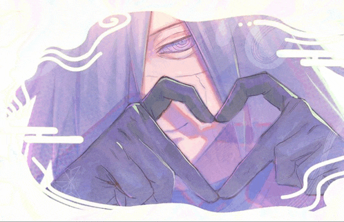 a drawing of a person with purple hair making a heart shape with their hands