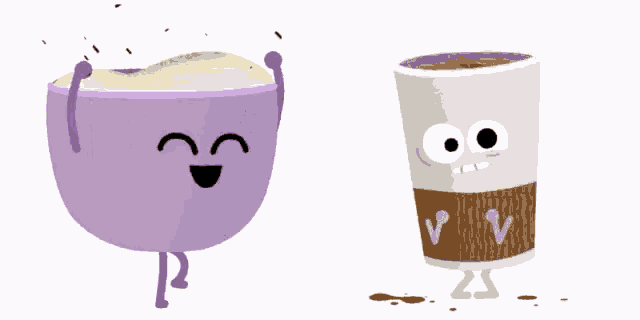 a purple cup of cappuccino next to a white cup