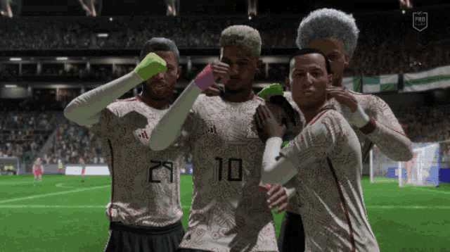 a group of soccer players one of whom has the number 10 on his shirt