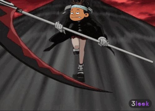 a cartoon of a girl holding a scythe with a 3look icon below her
