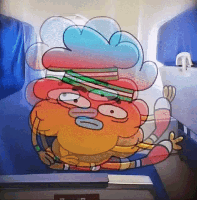 a cartoon character with a cloud on his head is sitting in a chair