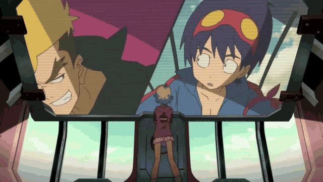 a girl in a red jacket stands in front of a large screen with cartoon characters