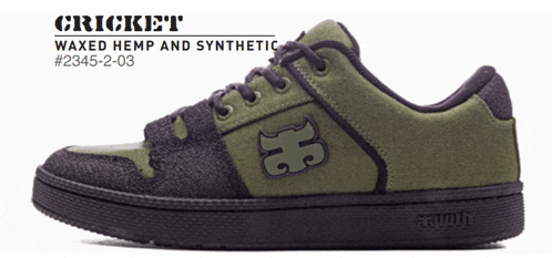 a pair of green and purple cricket waxed hemp and synthetic shoes