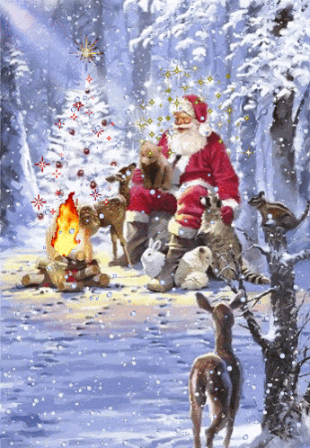 a painting of santa claus sitting in the snow with animals