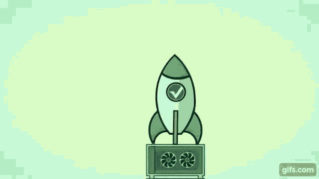 a green rocket with a check mark on it is flying through the air on a green background .