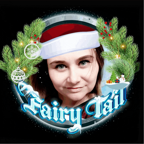 a woman wearing a santa hat is surrounded by christmas decorations and the word fairy tail