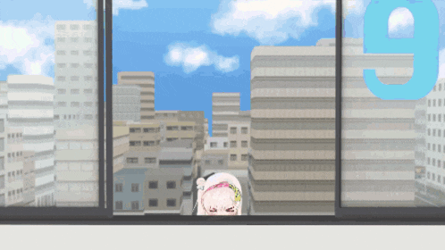 a cartoon drawing of a girl looking out a window with the number 9 on it