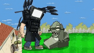 a cartoon of a man with a tv on his head standing next to a cactus .