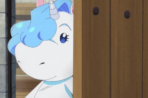 a unicorn with a blue mane is peeking out from behind a wooden wall