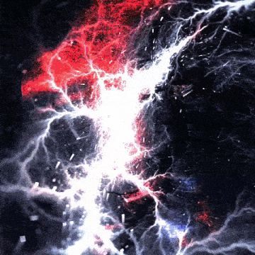 a red and white lightning strike in a dark background