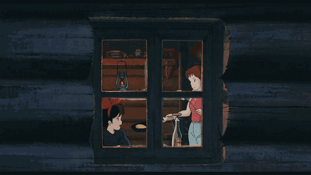 a girl with a red headband looks out a window at another girl