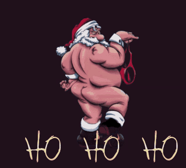 a cartoon of a naked santa claus with the words ho ho ho behind him