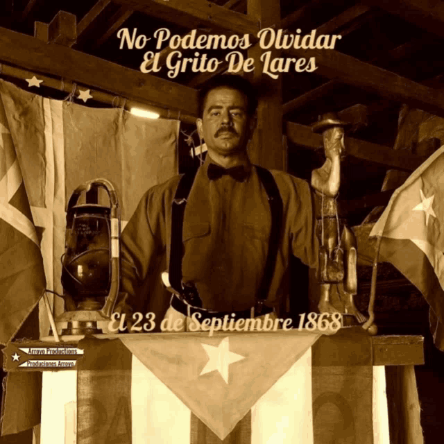 a man stands in front of a flag with the date 1868