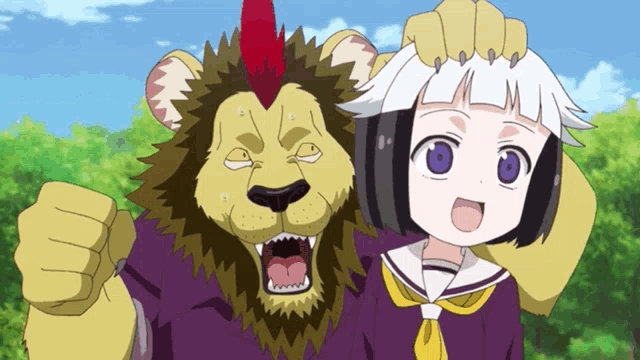 a girl with purple eyes is standing next to a lion with its mouth open