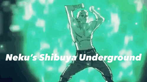 a drawing of a man with the words " neku 's shibuya underground " written below him