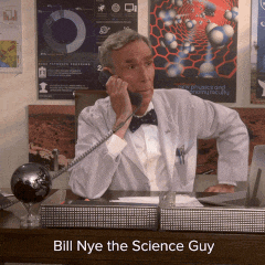 a man sitting at a desk talking on a phone with bill nye the science guy written on the bottom