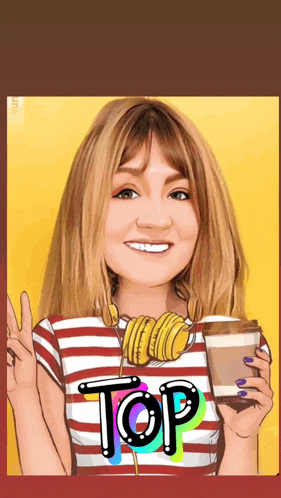 a cartoon drawing of a woman holding a cup of coffee with the word top on it