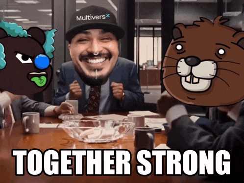 a man wearing a hat that says " multivers " sits at a table