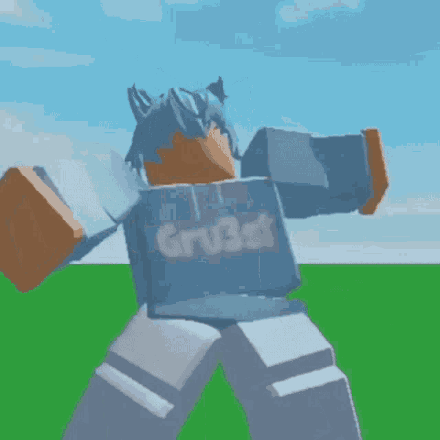 a cartoon character is standing in a field wearing a blue hoodie with the word grubot on it .