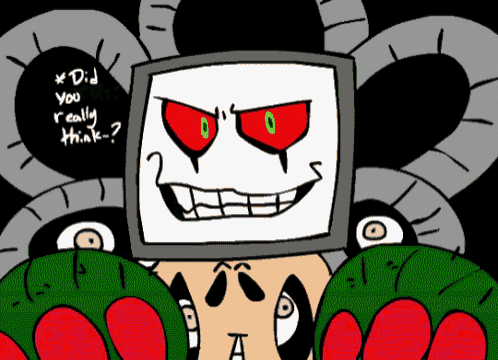 a drawing of a skeleton with red eyes and the words " did you really think " on the bottom