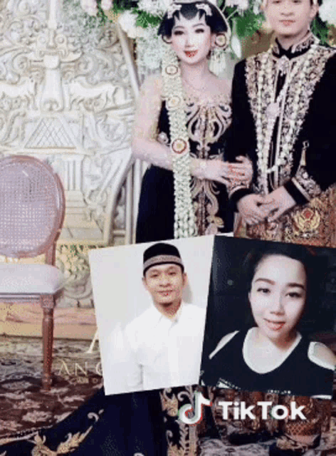 a bride and groom are posing for a photo with a tik tok watermark