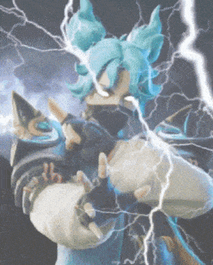 a person with blue hair is surrounded by lightning strikes