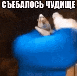 a cat is sitting on top of a blue object with a caption in russian .