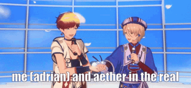 a couple of anime characters shaking hands with the words me adrian and aether in the real