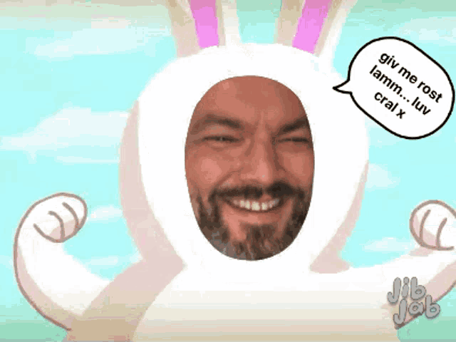 a man is wearing a bunny costume with a speech bubble saying give me rost