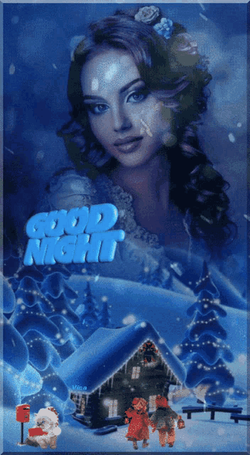 a picture of a woman in a snowy scene with the words good night on it