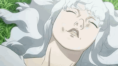 a cartoon character with white hair is laying in the grass with her eyes closed .
