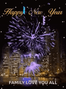 a happy new year greeting card with purple fireworks in the background .