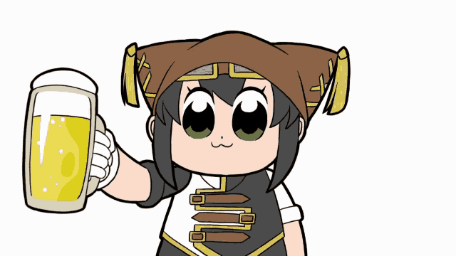a cartoon character holding a glass of beer