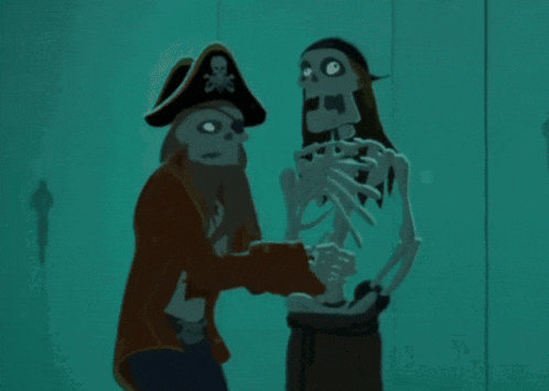 a cartoon illustration of a pirate and a skeleton
