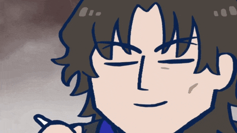 a cartoon drawing of a man with dark hair and a blue shirt
