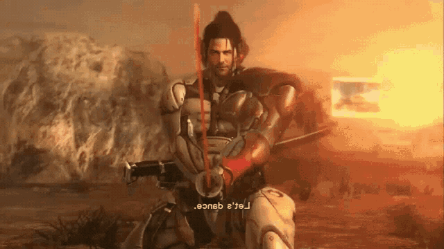 a video game character is holding a sword and says " aoneb e ' to "