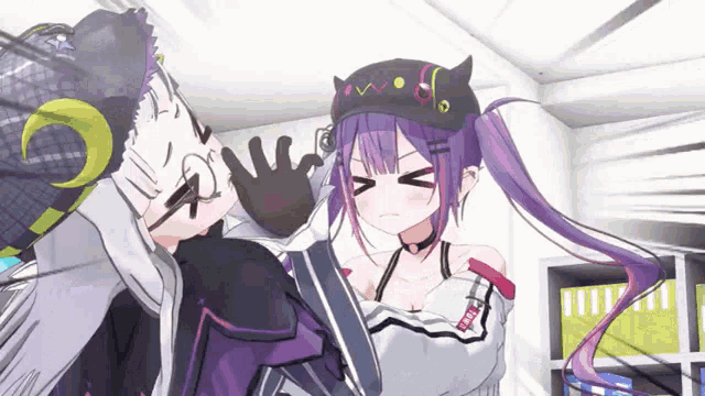 a girl with purple hair is being punched in the face by a man in a hat .
