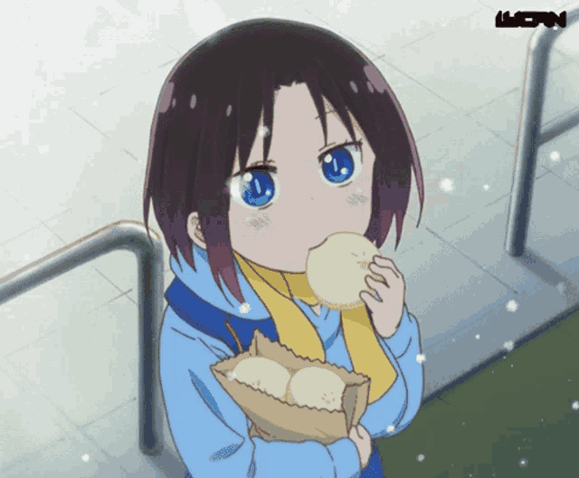 a girl with purple hair and blue eyes is holding a bag of bread