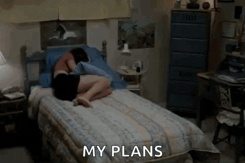 a woman is laying on a bed in a bedroom with the words `` my plans '' written above her .