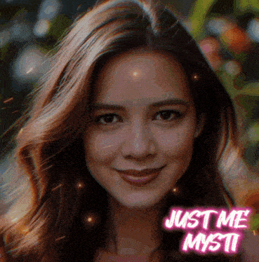 a picture of a woman with the words just me mysti on the bottom
