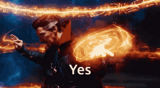 a man with a beard is holding a magic wand and the word yes is visible