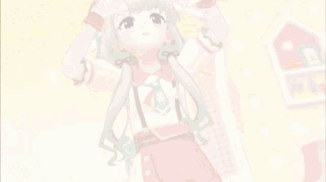 a girl in a red and white outfit with suspenders is pointing at her nose
