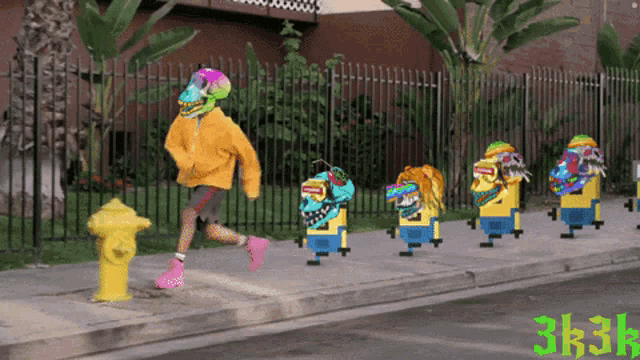 a yellow fire hydrant is surrounded by a row of minions with the letters 3k3k on the bottom right